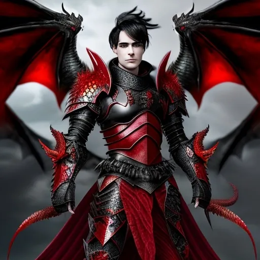 Prompt: male with black hair  red eyes and a red dragon tail with armor  facing foward with a red dragon in background