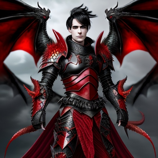 Prompt: male with black hair  red eyes and a red dragon tail with armor  facing foward with a red dragon in background