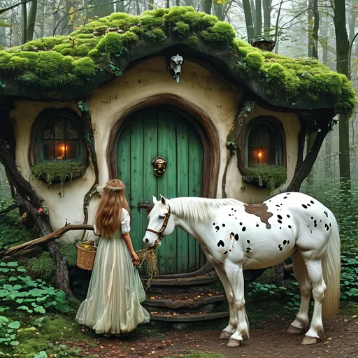 Prompt: The fantasy is a two-storey light brown house with sides covered with moss and grass in the depths of a forest with green moss and brown inside, and on the first floor there is a sweet and golden shiny corner detailed door with a horse head door knocker on it. The front of the second floor is entirely glass, and some of the exterior walls of the house are tiled with horseshoes. Next to the house, there is a white, long-haired horse with very small brown spots on it eating grass, and a girl with wavy brown hair, a green tulle transparent dress and brown long shoes with pointed laces underneath, and she is holding a basket made of branches with apples in it, on her big white horse with brown spots. He feeds an horse with his other hand. There are two long wooden handles on the edge of the house, and on them hang the two saddles and reins of their horses.