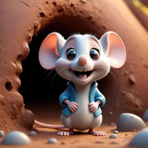 Prompt: Disney pixar character, 3d render style, cute happy mouse in front of his hole, cinematic colors