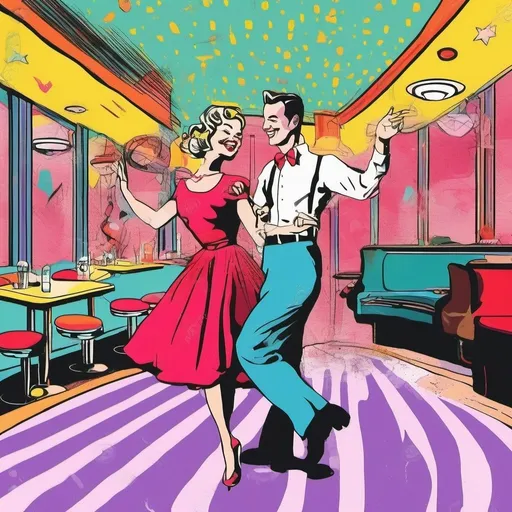 Prompt: Pop art illustration of a vibrant couple jiving, retro diner with jukebox, colorful 50s style, bold and bright colors, dynamic movement, vintage dance, happy and lively atmosphere, retro fashion, stylish hairdos, classic diner setting, nostalgic ambiance, best quality, highres, vibrant, pop art, retro, dynamic, colorful, vintage, nostalgic, lively atmosphere