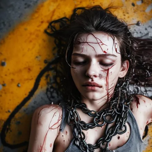 Prompt: photorealistic picture of an unconscious 20 years old beautiful superheroine with long black hair lying on grey colored concrete, hair rich, spiky and really wet, her eyes are closed, her hair is very sticky everywhere, rusty chain around her neck, beaten, defeated, costume made of latex, blue bruises on face