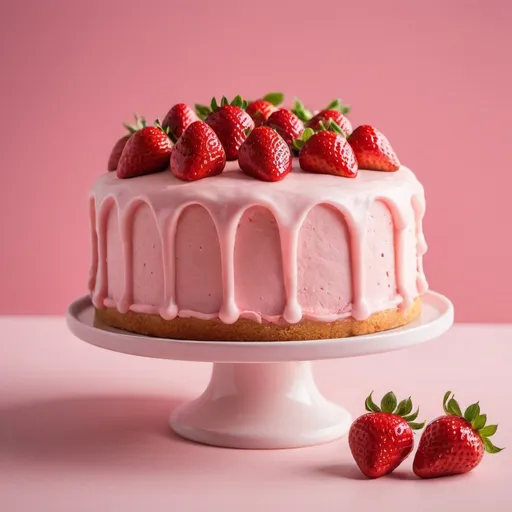 Prompt: simple strawberry cake made in bakery,  baby-pink background, ISO 120, 1/80 sec at f/2.8, food photography, quantity one