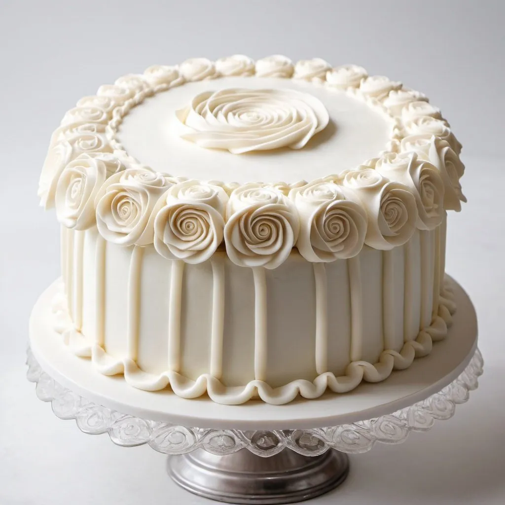 Prompt: "Design an image of a White Velvet Cake with elegant white rosette piping covering the entire cake, set against a simple white background."