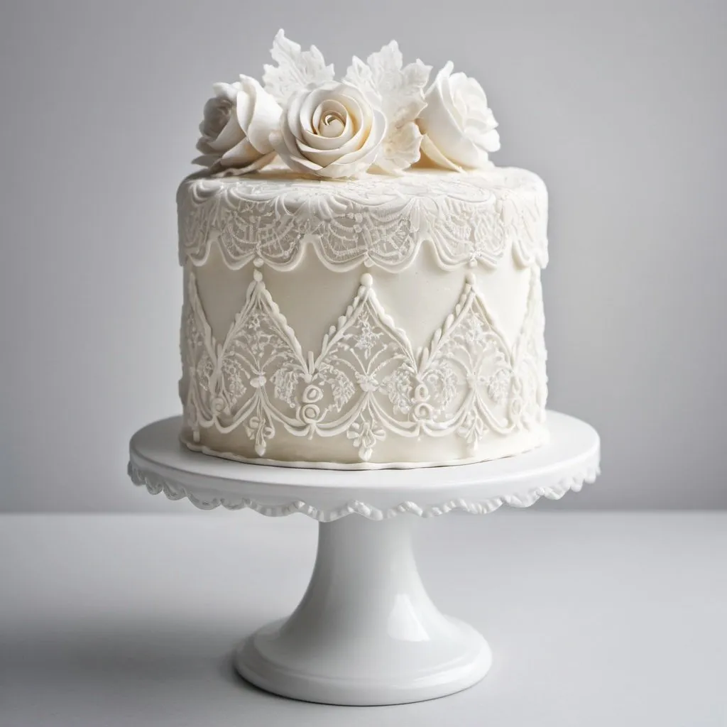 Prompt: "Create an image of a White Velvet Cake with intricate white lace-like frosting decorations, isolated on a stark white background.