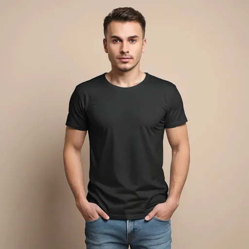 Prompt: Black blank t-shirt mockup, beige background