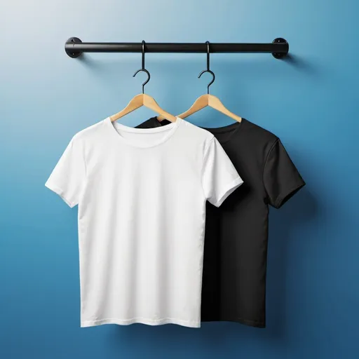 Prompt: Black blank t-shirt mockup hanging on wall, blue gradient background