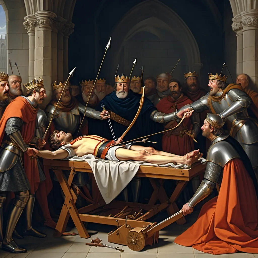 Prompt: King Richard I dying in the count of Anglouemes castle with a crossbow bolt in his neck