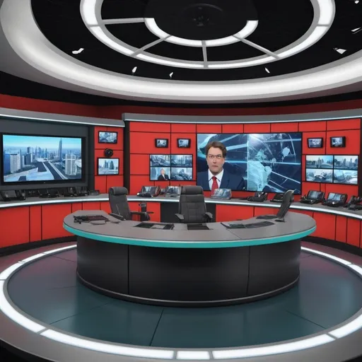 Prompt: Create a picture of the master conttrol room of a TV station in 2030 during a live news broadcast