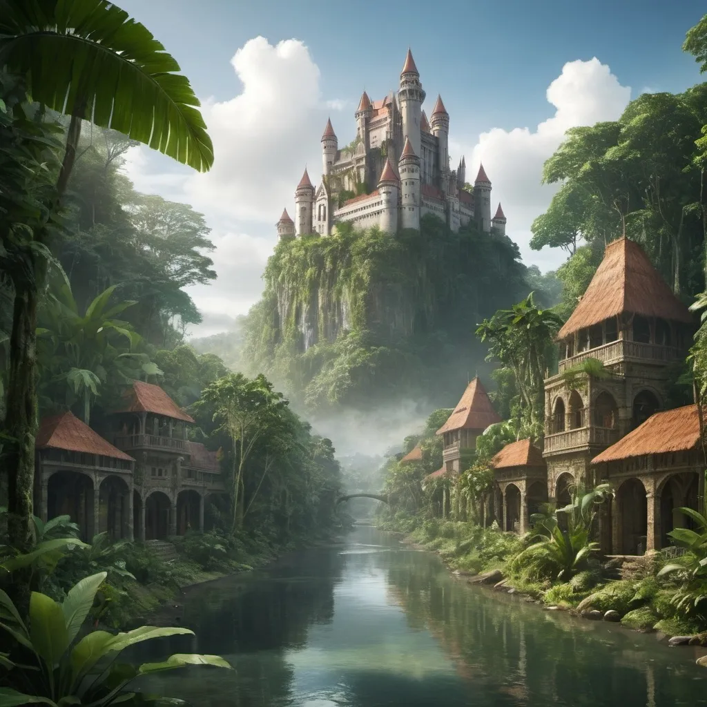 Prompt: Kingdom built in a tropical rainforest a river, city and castle 
