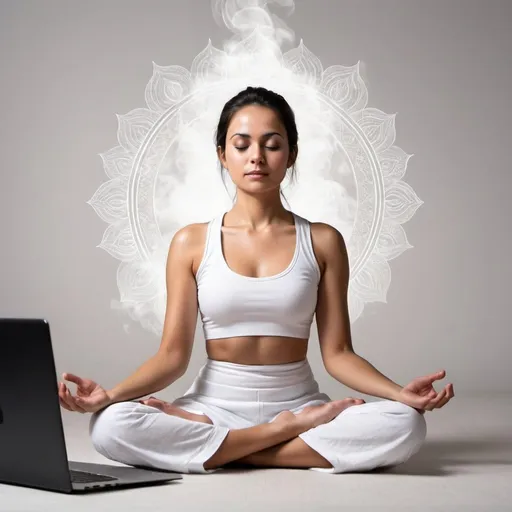 Prompt: A holistic person wearing in white doing meditation, image should be in white theme, with less smoky background, make the size fit with laptop wallpaper 