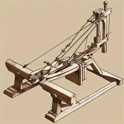 Prompt: Create Leonardo drawing of this invention:	7.	Giant Crossbow
o	Massive wooden weapon
o	Intricate tension mechanism
o	Detailed pulley and release system
o	Scale showing human proportion

