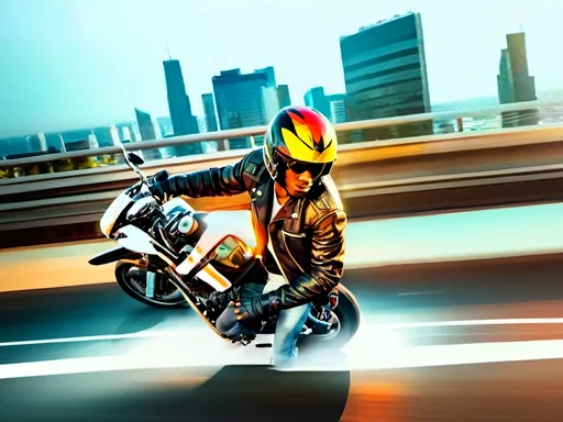 Prompt: (gearing to ride for a drive-by), motorcycle enthusiasts, adrenaline-filled atmosphere, dynamic poses, leather jackets, shining chrome details, vibrant sunset backdrop, street vibes, sense of freedom, high-speed thrill, ultra-detailed, 4K resolution, cool tones mixed with warm highlights, cinematic lighting, engaging and energetic scene, a hint of urban architecture in the background.