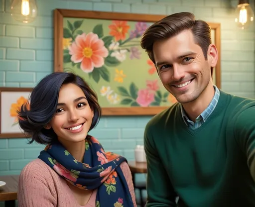Prompt: In a cozy eatery setting with light green brick walls, two individuals pose closely together for a selfie, exuding a casual and friendly atmosphere. The female subject, dressed in a navy blue outfit adorned with a light floral shawl, has her hair styled neatly and offers a gentle smile, her hand resting elegantly on her shoulder. Beside her, the male subject wears a dark green sweater over a light blue collared shirt, presenting a relaxed demeanor as he smiles softly at the camera. Behind them, a wall poster featuring an array of colorful dishes hints at the culinary delights of the restaurant, creating a warm, inviting backdrop that adds to the light-hearted moment shared between the two. The scene radiates a sense of togetherness and enjoyment, perfect for an outing filled with good food and company.