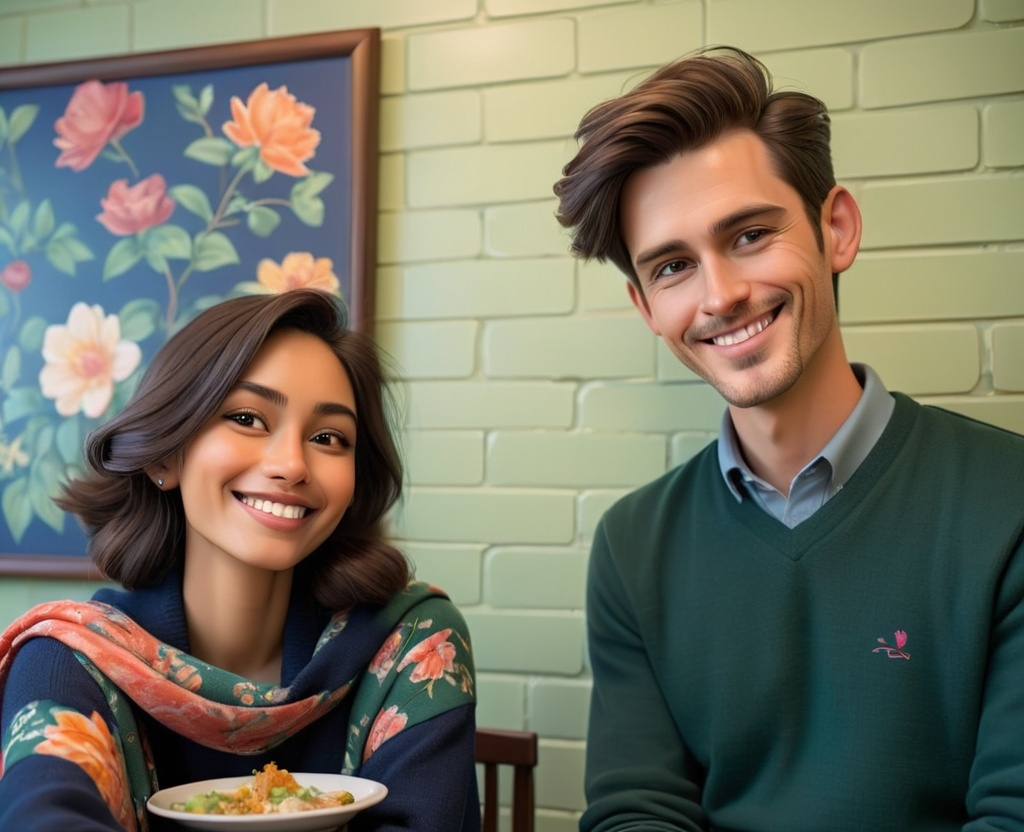 Prompt: In a cozy eatery setting with light green brick walls, two individuals pose closely together for a selfie, exuding a casual and friendly atmosphere. The female subject, dressed in a navy blue outfit adorned with a light floral shawl, has her hair styled neatly and offers a gentle smile, her hand resting elegantly on her shoulder. Beside her, the male subject wears a dark green sweater over a light blue collared shirt, presenting a relaxed demeanor as he smiles softly at the camera. Behind them, a wall poster featuring an array of colorful dishes hints at the culinary delights of the restaurant, creating a warm, inviting backdrop that adds to the light-hearted moment shared between the two. The scene radiates a sense of togetherness and enjoyment, perfect for an outing filled with good food and company.