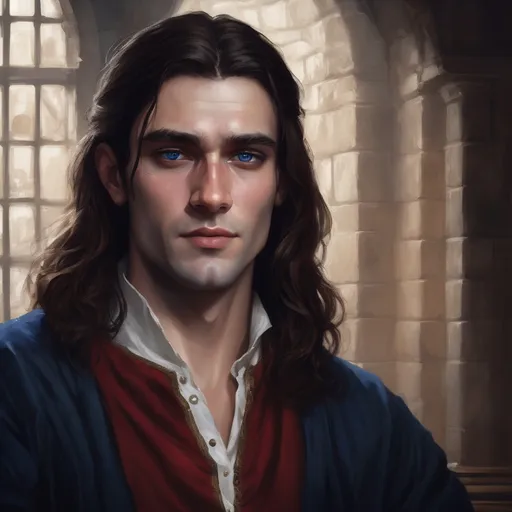 Prompt: portrait of a man 30 years old in a red doublet, soft lighting, dark blue eyes, sharp facial features, sharp,  long hair, realistic,  detailed, medieval, game-rpg, wavy brown hair, adult, atmosphere, inviting, middle ages, medieval room background, plentiful, warm, inviting, black outfit, cozy, comfortable, desire, jawline, noble, crown, king,