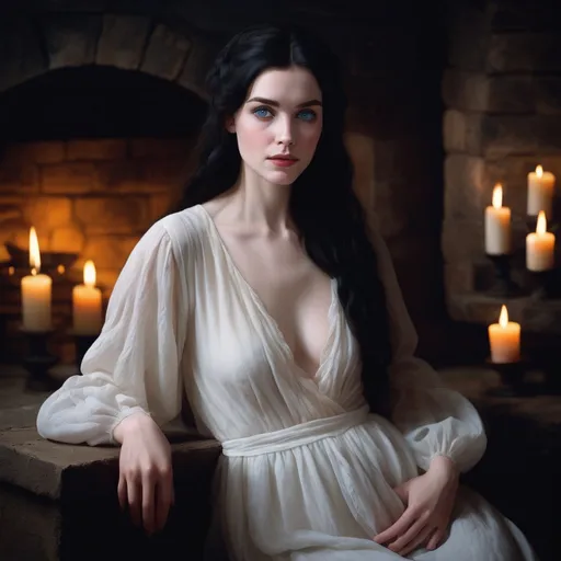 Prompt: portrait of pale woman with blue eyes and wavy black hair, wearing a revealing white dress, peasant sleeves, art by ruan jia and greg rutkowski, soft warm lighting, medieval bath background with candles and fireplace, medieval, game-rpg, middle ages, adult, atmosphere, juicy, wanting, inviting, room, plentiful, warm, need, wavy black hair, hair down,  looking into camera, adult, atmosphere, adult, attractive, middle ages, artstation, digital art, illustration, painting, d&d, fantasy,



