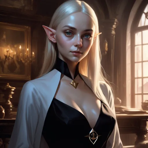 Prompt: portrait of a pale elf woman Nastya Kusakina in a black dress with sailor collar, small jawline, triangular head, realistic, soft lighting, art by artgerm and ruan jia and greg rutkowski, detailed, medieval, game-rpg, blonde hair, adult, atmosphere, adult, attractive, wanting, inviting, middle ages, medieval room background, plentiful, warm, inviting, black dress, cozy, comfortable, desire, revealing