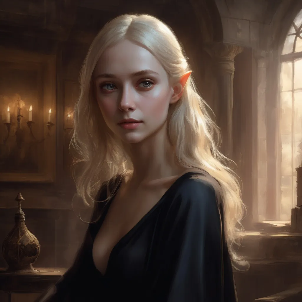 Prompt: portrait of a pale half-elf woman Nastya Kusakina in a black dress, small jawline, triangular head, realistic, soft lighting, art by artgerm and ruan jia and greg rutkowski, detailed, medieval, game-rpg, blonde hair, adult, atmosphere, adult, attractive, wanting, inviting, middle ages, medieval room background, plentiful, warm, inviting, black dress, cozy, comfortable, desire, ruffles, tied, laces