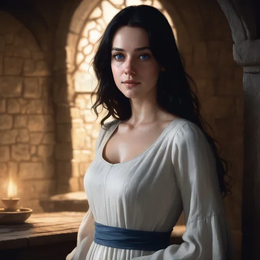 Prompt: portrait of pale human woman, loose wavy black hair, medieval, game-rpg, wearing a white dress with scoop neck, soft warm lighting, medieval room background, medieval, detailed, attractive, beautiful, alluring, middle ages, adult, atmosphere, juicy, blue eyes, wanting, inviting, room, plentiful, warm, need,  middle ages, digital paint concept art by greg rutkowski,  fantasy, round neckline, high neckline


