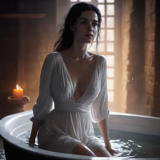 Prompt: portrait of a pale woman in a drenched white dress, medieval bathtub interior background, soft lighting, wet skin, concept art by greg rutkowski, detailed, medieval, game-rpg, black hair, adult, atmosphere, adult, attractive, wanting, inviting, middle ages, plentiful, warm, inviting, desire, revealing, moist, liquid, drenched hair,