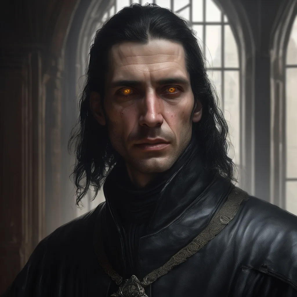 Prompt: portrait of a pale man 40 years old, natural soft lighting, long black hair, much longer hair, hair past the shoulders, medieval room background, yellow eyes, determination, frown, indifferent, worn, mercenary, masculine, game-rpg, medieval, by Greg Rutkowski, illustration, rugged, evil eyes, oblong face, long face, narrow head, long head, strong jawline, strong jawline, strong jawline, sharp nose, strong nose, sharp facial features, sharp features, narrow nose, strong nose, leather armor, greasy hair, damaged, cat-like eyes, close up, by ruan jia, tom bagshaw, alphonse mucha, krenz cushart,  vray render, artstation, deviantart, pinterest, 