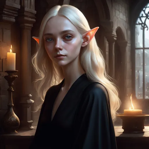 Prompt: portrait of a pale half-elf woman Nastya Kusakina, wearing a black dress, small jawline, triangular head, realistic, warm soft lighting, art by artgerm and ruan jia and greg rutkowski and sam leung, detailed, medieval, game-rpg, wavy blonde hair, adult, atmosphere, adult, attractive, wanting, inviting, middle ages, medieval room background, plentiful, warm, inviting, black dress, cozy, comfortable, artstation, magic, mystery, love, affection 