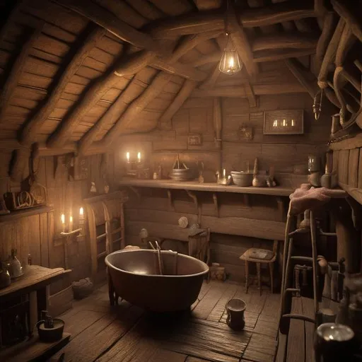 Prompt: medieval interior of a hut with a bathtub and a fireplace at night, wooden floor, octane render, style of “Makoto Shinkai”, thriller, ultra-wide-angle, cinematic lighting, highly detailed, Octane render, Unreal Engine, by Weta Digital, painted in the style of Andre Breton,Jean Arp,Max Ernst,Yves Tanguy,Man Ray,Andre Masson, Rene Magritte,Salvador Dali,Frida Kahlo,Leonora Carrington,Joan Miro,Mike Winkelmann