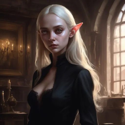 Prompt: portrait of a pale half-elf woman Nastya Kusakina in a black dress, small jawline, triangular head, realistic, soft lighting, art by artgerm and ruan jia and greg rutkowski, detailed, medieval, game-rpg, blonde hair, adult, atmosphere, adult, attractive, wanting, inviting, middle ages, medieval room background, plentiful, warm, inviting, black dress, cozy, comfortable, desire, ruffles, tied