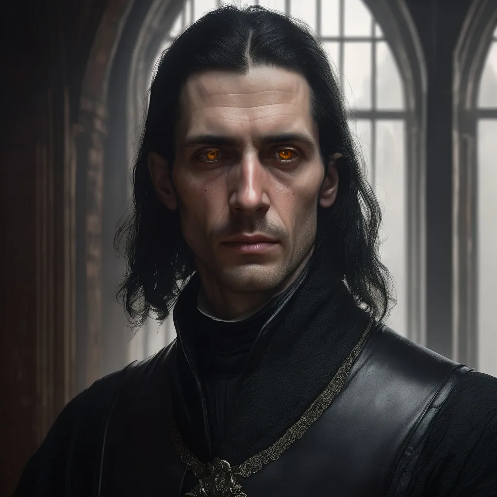 Prompt: portrait of a pale man 40 years old, natural soft lighting, long black hair, medieval room background, yellow eyes, determination, worn, mercenary, masculine,game-rpg, medieval, by Greg Rutkowski, illustration, rugged, evil eyes, indifferent, oblong face, long face, narrow head, long head, strong jawline, strong jawline, strong jawline, sharp nose, strong nose, sharp facial features, shapr features, narrow nose, strong nose, leather armor, bare arms, greasy hair, damaged, cat-like eyes, close up, by ruan jia, tom bagshaw, alphonse mucha, krenz cushart,  vray render, artstation, deviantart, pinterest, 