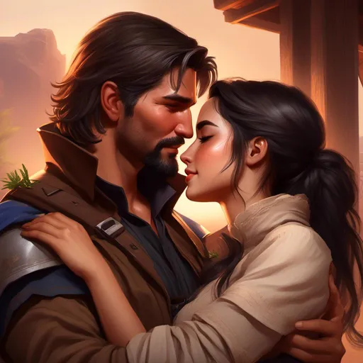 Prompt: realistic portrait of Ana and Jesse McCree from Overwatch in <mymodel> artstyle, in love, young Ana, black hair, warm, love, desire, welcoming, embrace, kiss, overwatch,