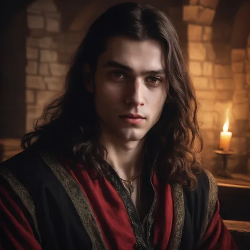 Prompt: portrait of a man 30 years old in a red doublet, soft lighting,  long hair, realistic,  detailed, medieval, game-rpg, wavy brown hair, adult, atmosphere, inviting, middle ages, medieval room background, plentiful, warm, inviting, black outfit, cozy, comfortable, desire, jawline, noble, crown, king,