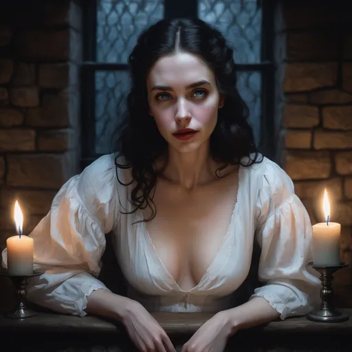 Prompt: portrait of pale human woman with blue eyes and wavy black hair, medieval, game-rpg, wearing a revealing white dress, peasant sleeves,  soft warm lighting, medieval bath background with candles, medieval, middle ages, adult, atmosphere, juicy, wanting, inviting, room, plentiful, warm, need,  middle ages,  art by David Benzal, art by Travis Goldmann-Couch, art by artgem and ruan jia and greg rutkowski,





