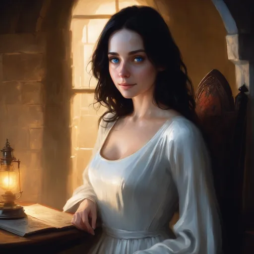 Prompt: portrait of pale human woman, loose wavy black hair, medieval, game-rpg, wearing a white dress with scoop neck, soft warm lighting, medieval room background, medieval, detailed, attractive, beautiful, alluring, middle ages, adult, atmosphere, juicy, blue eyes, wanting, inviting, room, plentiful, warm, need,  middle ages, digital paint concept art by greg rutkowski,  fantasy, round neckline, high neckline, warm, intimacy, affection, warmth, love, romance


