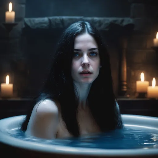 Prompt: portrait of a pale woman with long black hair in bathtub, medieval room background, blue eyes, soft lighting, wet skin, detailed, medieval, middle ages, d&d fantasy, game-rpg, adult, night background, dark background, atmosphere, adult, attractive, wanting, inviting, middle ages, plentiful, warm, inviting, desire, revealing, moist, liquid, art by Ralph Horsley, art greg rutkowski, by midjourney, fog, steam,