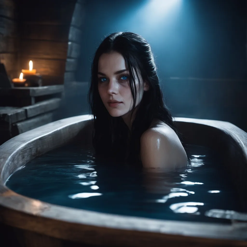 Prompt: portrait of a pale woman with long black hair, in a wooden bathtub,  medieval room background, blue eyes, soft lighting, wet skin, detailed, medieval, middle ages, game-rpg, adult, night background, dark background, atmosphere, fog, adult, attractive, wanting, inviting, middle ages, plentiful, warm, inviting, desire, revealing, art by greg rutkowski, by midjourney, by simon gocal, hanzoai, theprojecticarus deviantart, elffemale, elfgirl,