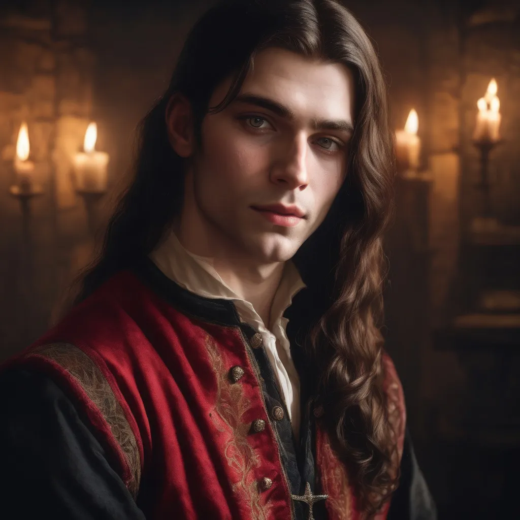 Prompt: portrait of a man 30 years old in a red doublet, soft lighting,  long hair, realistic,  detailed, medieval, game-rpg, wavy brown hair, adult, atmosphere, inviting, middle ages, medieval room background, plentiful, warm, inviting, black outfit, cozy, comfortable, desire, jawline, noble, crown, king,