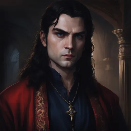 Prompt: portrait of a man 30 years old in a red doublet, soft lighting, dark blue eyes, sharp facial features, sharp,  long hair, realistic,  detailed, medieval, game-rpg, wavy brown hair, adult, atmosphere, inviting, middle ages, medieval room background, plentiful, warm, inviting, black outfit, cozy, comfortable, desire, noble, crown, king, determination, serious, small frown, illustration, game art,