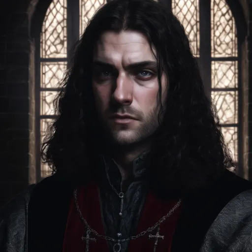 Prompt: portrait of a man 30 years old in a red doublet, soft lighting, dark blue eyes, sharp facial features, sharp,  long hair, realistic,  detailed, medieval, game-rpg, wavy brown hair, adult, atmosphere, inviting, middle ages, medieval room background, plentiful, warm, inviting, black outfit, cozy, comfortable, desire, noble, crown, king, determination, serious, small frown, illustration, game art, narrow nose, 