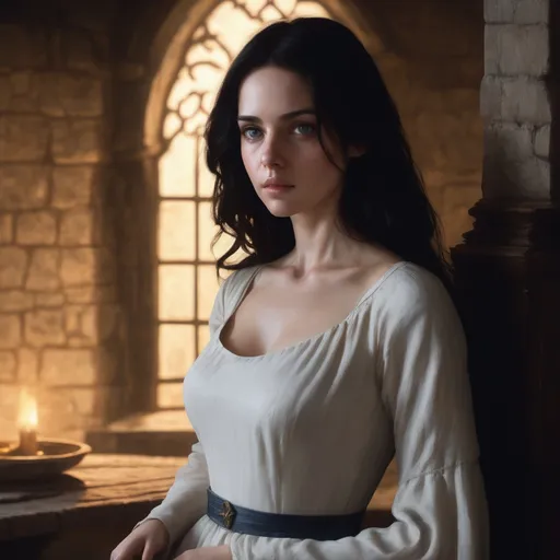 Prompt: portrait of pale human woman, loose wavy black hair, medieval, game-rpg, wearing a white dress with scoop neck, soft warm lighting, medieval room background, medieval, detailed, attractive, beautiful, alluring, middle ages, adult, atmosphere, juicy, blue eyes, wanting, inviting, room, plentiful, warm, need,  middle ages, digital paint concept art by greg rutkowski,  fantasy, round neckline, high neckline, warm, intimacy, affection, warmth, love, romance



