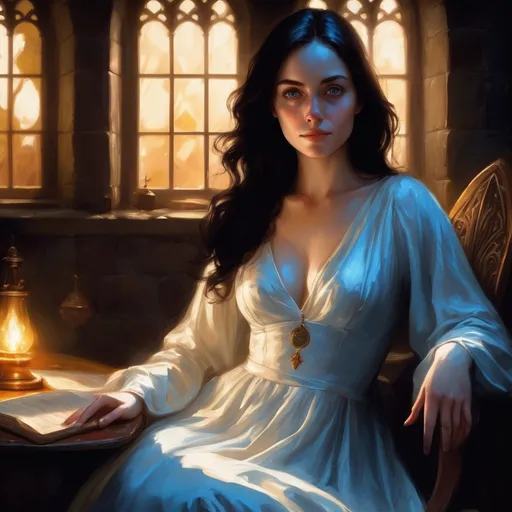 Prompt: portrait of pale human woman, loose wavy black hair, medieval, game-rpg, wearing a white dress, soft warm lighting, medieval room background, medieval, detailed, attractive, beautiful, alluring, middle ages, adult, atmosphere, juicy, blue eyes, wanting, inviting, room, plentiful, warm, need,  middle ages, art by greg rutkowski,  fantasy, revealing




