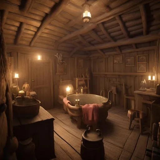 Prompt: medieval interior of a hut with a bathtub and a fireplace at night, wooden floor, octane render, style of “Makoto Shinkai”, thriller, ultra-wide-angle, cinematic lighting, highly detailed, Octane render, Unreal Engine, by Weta Digital, painted in the style of Andre Breton,Jean Arp,Max Ernst,Yves Tanguy,Man Ray,Andre Masson, Rene Magritte,Salvador Dali,Frida Kahlo,Leonora Carrington,Joan Miro,Mike Winkelmann