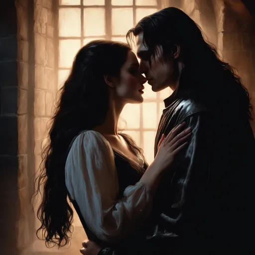 Prompt: portrait of a man with long hair kissing touching holding a woman with long hair, closeup, romantic, facing one another, love, passion, black hair, pale skin, fantasy, realistic, 4k, side-view, medieval,  art by artgerm and ruan jia and greg rutkowski, detailed, medieval, middle ages, game-rpg, adult couple, adult, couple, man woman couple, atmosphere, adult, attractive, middle ages, dark medieval room background, romantic shot, young woman, medieval room background, soft smooth lighting, wet skin, detailed, medieval, adult, night background, dark background, atmosphere, adult, attractive, wanting, inviting, middle ages, plentiful, warm, inviting, desire, revealing, moist, by Ralph Horsley, fog, steam, plentiful, warm, cozy, comfortable, desire, revealing, soft dark lighting, sensual pose waist, lips, eyes, ethereal, adult, juicy, attractive, lovers, in love, affection