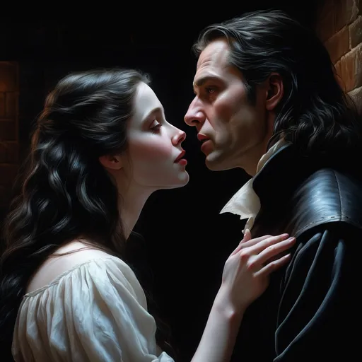 Prompt: portrait of a man with long hair kissing touching holding a woman with long hair, closeup, romantic, facing one another, love, passion, black hair, pale skin, fantasy, realistic, 4k, side-view, medieval,  art by artgerm and ruan jia and greg rutkowski, detailed, medieval, middle ages, game-rpg, adult couple, adult, couple, man woman couple, atmosphere, adult, attractive, middle ages, dark medieval room background, romantic shot, young woman, medieval room background, soft smooth lighting, wet skin, detailed, medieval, adult, night background, dark background, atmosphere, adult, attractive, wanting, inviting, middle ages, plentiful, warm, inviting, desire, revealing, moist, by Ralph Horsley, fog, steam, plentiful, warm, cozy, comfortable, desire, revealing, soft dark lighting, sensual pose waist, lips, eyes, ethereal, adult, juicy, attractive, lovers, in love, affection