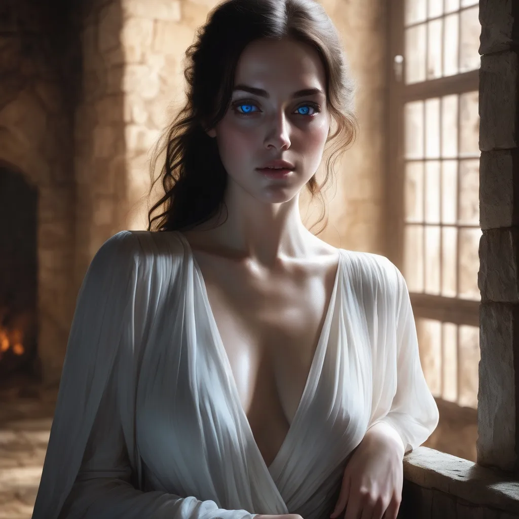 Prompt: portrait of a pale woman with blue eyes in revealing white dress, art by artgerm and ruan jia and greg rutkowski, detailed, medieval, middle ages, game-rpg, adult, atmosphere, adult, attractive, middle ages, medieval room background, plentiful, warm, cozy, comfortable, desire, revealing, soft lighting, sensual pose waist, lips, eyes, ethereal, black wavy hair, adult, juicy, attractive, wanting, inviting, plentiful,