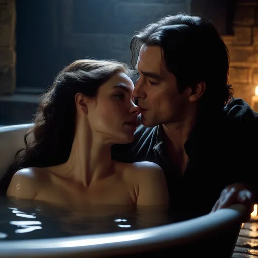 Prompt: portrait of a man with long hair kissing a woman with long hair, in a bathtub, closeup, romantic, facing one another, love, passion, black hair, pale skin, fantasy, realistic, 4k, side-view, medieval,  they are in bathtub, art by artgerm and ruan jia and greg rutkowski, detailed, medieval, middle ages, game-rpg, adult couple, adult, couple, man woman couple, atmosphere, adult, attractive, middle ages, dark medieval room background, romantic shot, young woman, medieval room background, soft smooth lighting, wet skin, detailed, medieval, adult, night background, dark background, atmosphere, adult, attractive, wanting, inviting, middle ages, plentiful, warm, inviting, desire, revealing, moist, by Ralph Horsley, fog, steam, plentiful, warm, cozy, comfortable, desire, revealing, soft dark lighting, sensual pose waist, lips, eyes, ethereal, adult, juicy, attractive, lovers, in love, affection