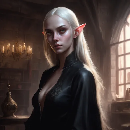 Prompt: portrait of a pale half-elf woman Nastya Kusakina, black dress, small jawline, triangular head, realistic, soft lighting, detailed, medieval, art by artgerm and ruan jia and greg rutkowski, game-rpg, blonde hair, adult, atmosphere, adult, attractive, wanting, inviting, middle ages, medieval room background, plentiful, warm, inviting, black dress, cozy, comfortable, desire,