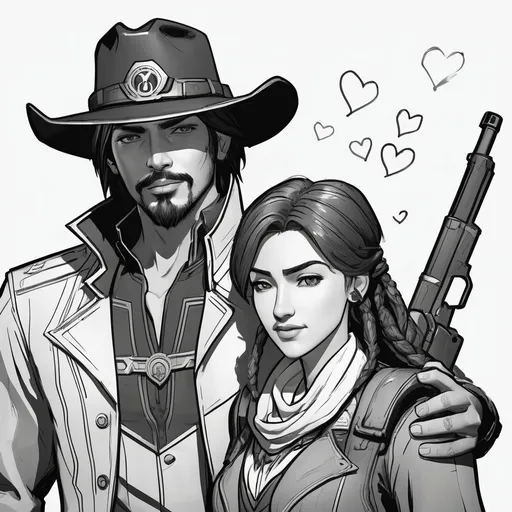 Prompt: realistic portrait of Ana and Jesse McCree from Overwatch, in love, young Ana, black hair, warm, love, desire, welcoming, 