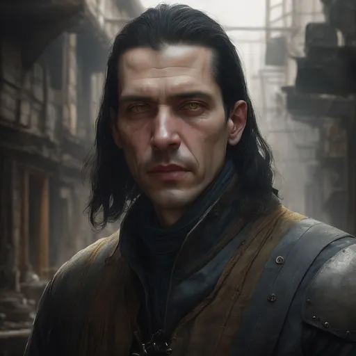 Prompt: portrait of a pale man 40 years old, natural soft lighting, long black hair, medieval room background, yellow-cat-eyes, determination, worn, mercenary, masculine,game-rpg, medieval, by Greg Rutkowski, illustration, rugged, evil eyes, indifferent, oblong face, long face, narrow head, long head, strong jawline, strong jawline, strong jawline, sharp nose, strong nose, sharp facial features, shapr features, narrow nose, strong nose, leather armor, bare arms, greasy hair, damaged, cat-like eyes, close up, by ruan jia, tom bagshaw, alphonse mucha, krenz cushart,  vray render, artstation, deviantart, pinterest, 