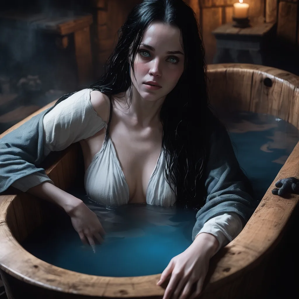 Prompt: portrait of a pale woman with long black hair, in a wooden bathtub,  medieval room background, blue eyes, soft lighting, wet skin, detailed, medieval, middle ages, game-rpg, adult, night background, dark background, atmosphere, fog, adult, attractive, wanting, inviting, middle ages, plentiful, warm, inviting, desire, revealing, art by greg rutkowski, by midjourney, by simon gocal